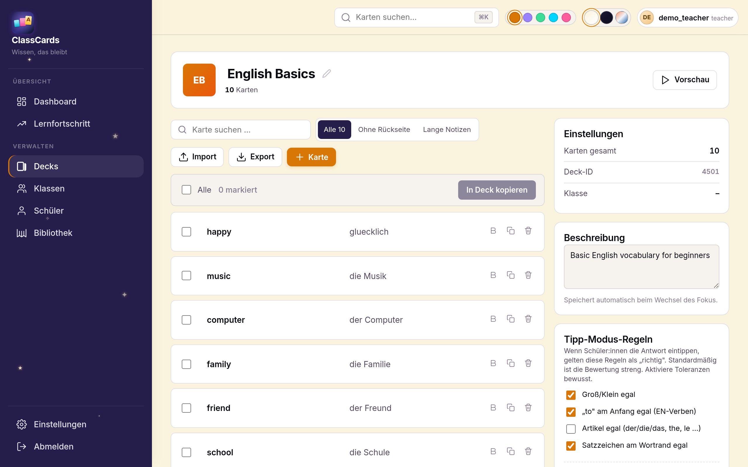 Deck-Editor mit Karten-Liste, Bold-Button und Aktions-Icons